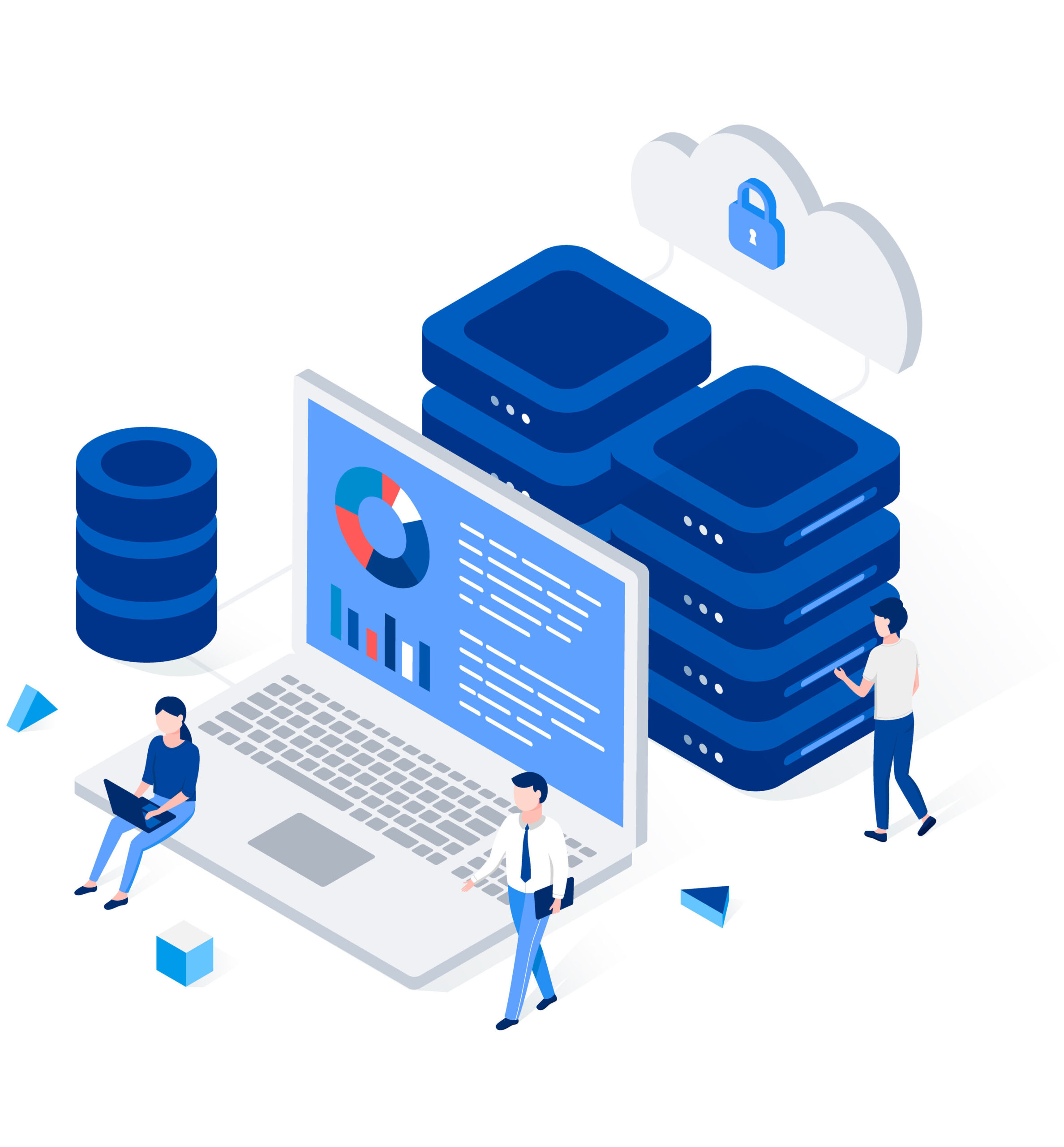 Data center and web hosting isometric concept with characters. Network internet database. Trendy flat 3d isometric style. Vector illustration.
